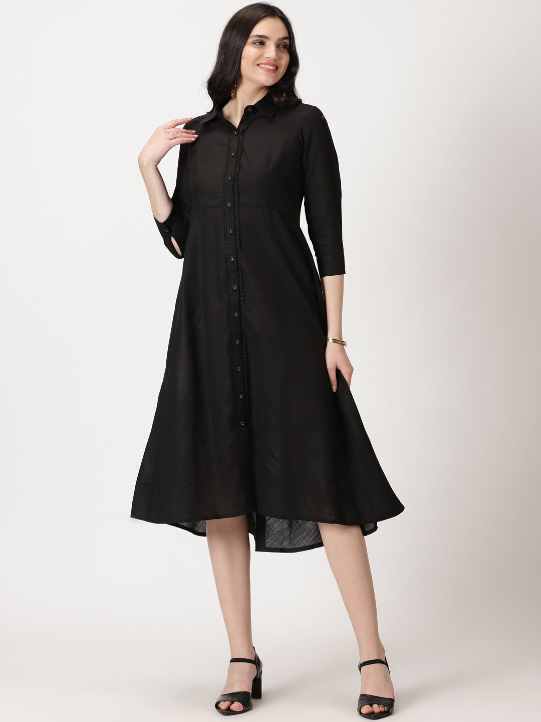 Black Lace Placket  Midi Shirt Dress