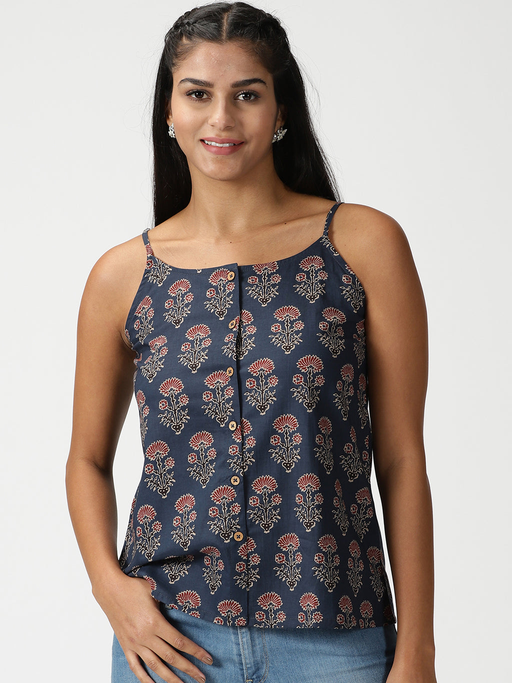 Navy Blue Dahlia Print Button-Down Strappy Top
