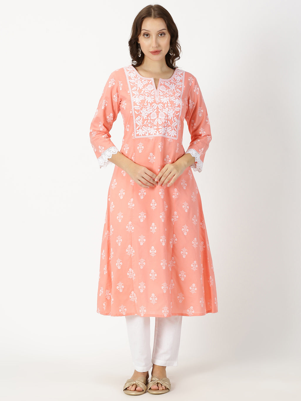 Peach Floral Print Kurta with Chikankari Embroidery