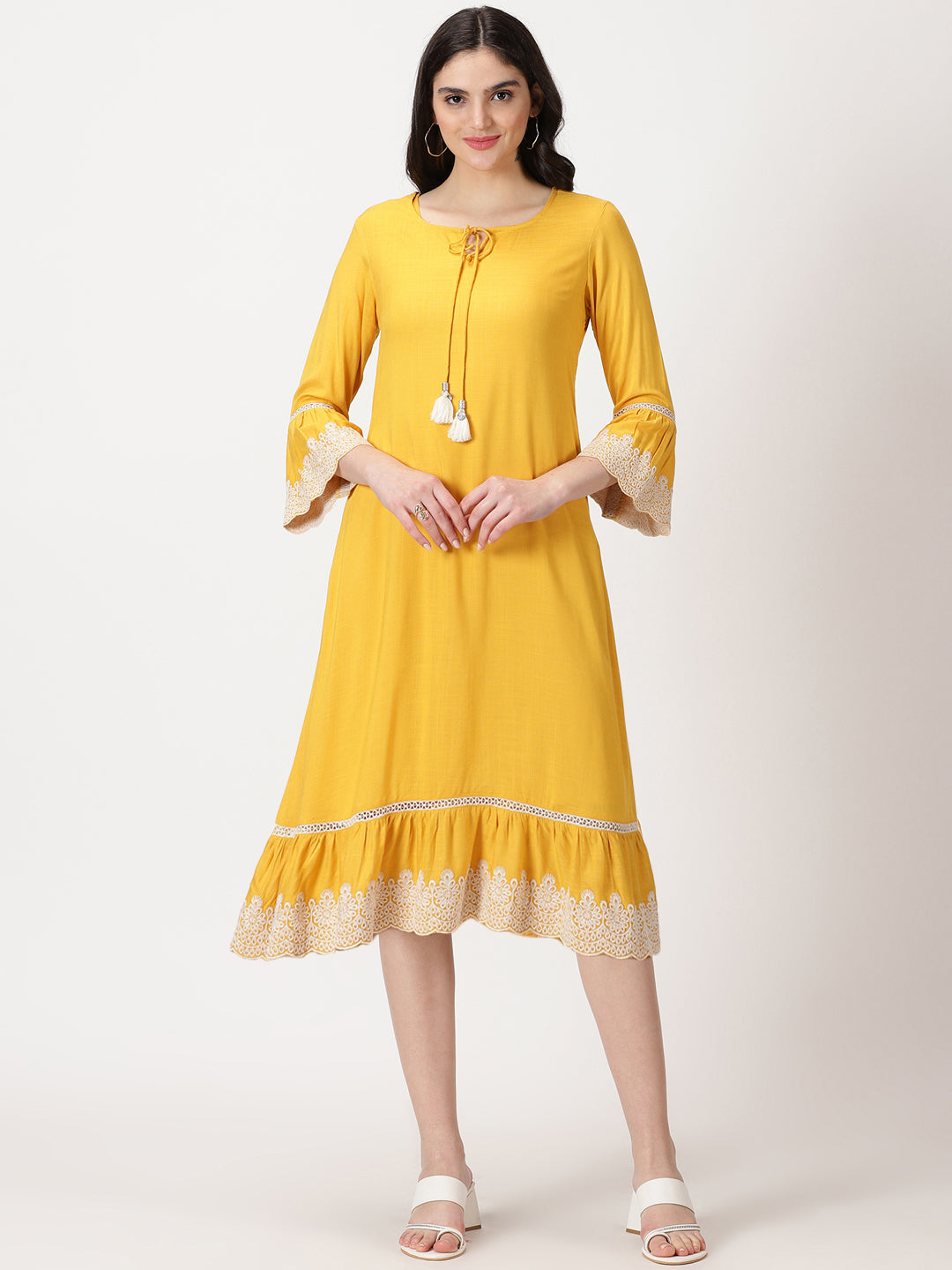 Yellow Rayon Slub Midi Dress with Lace Embroidered Details