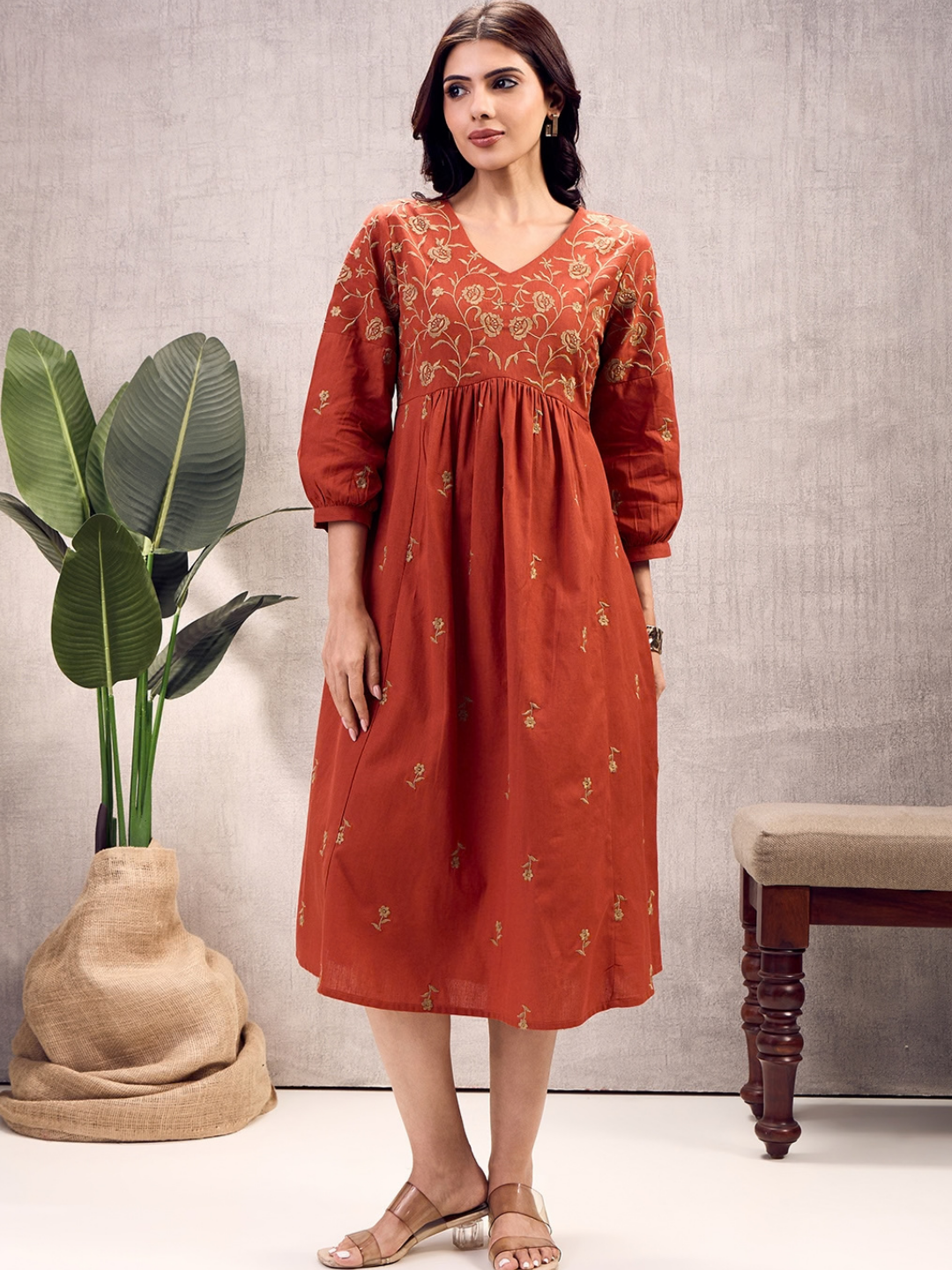 Burnt Orange Boho Embroidered Dress