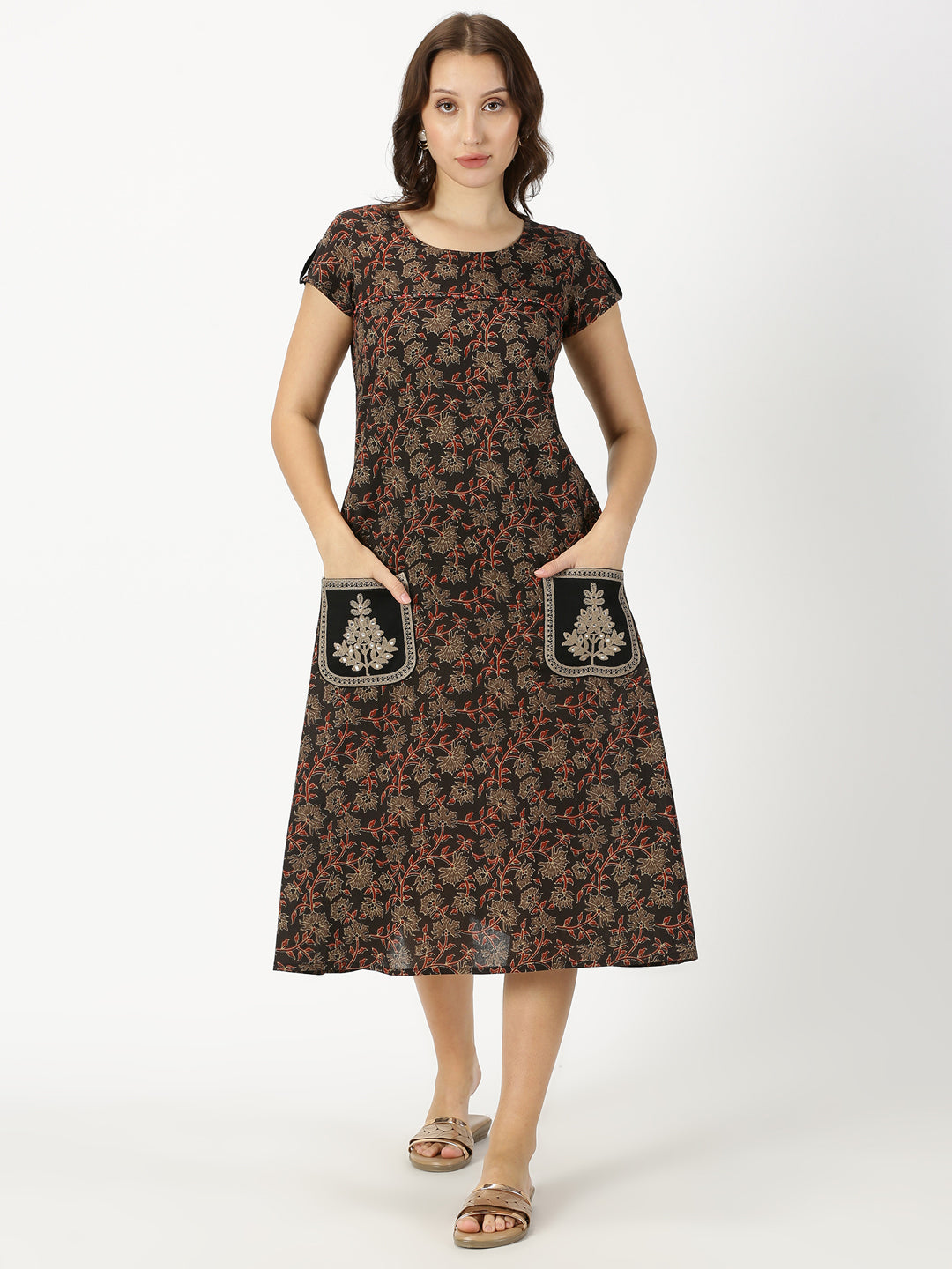 Black Ethnic Floral Print Dress with Embroidered Patch Pockets