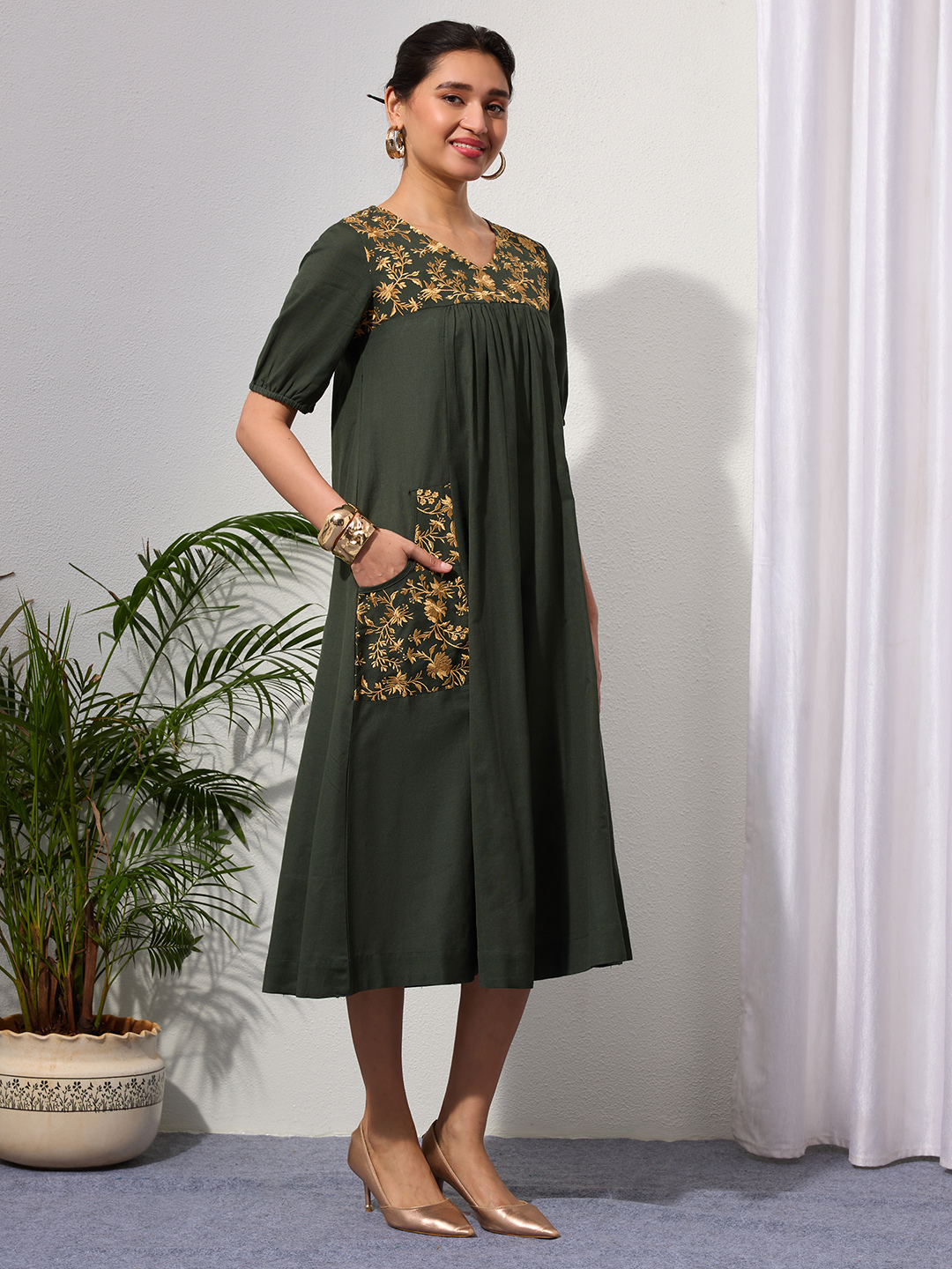 Forest Green Cotton Linen Dress A-Line with Parsi Gara Inspired Embroidery