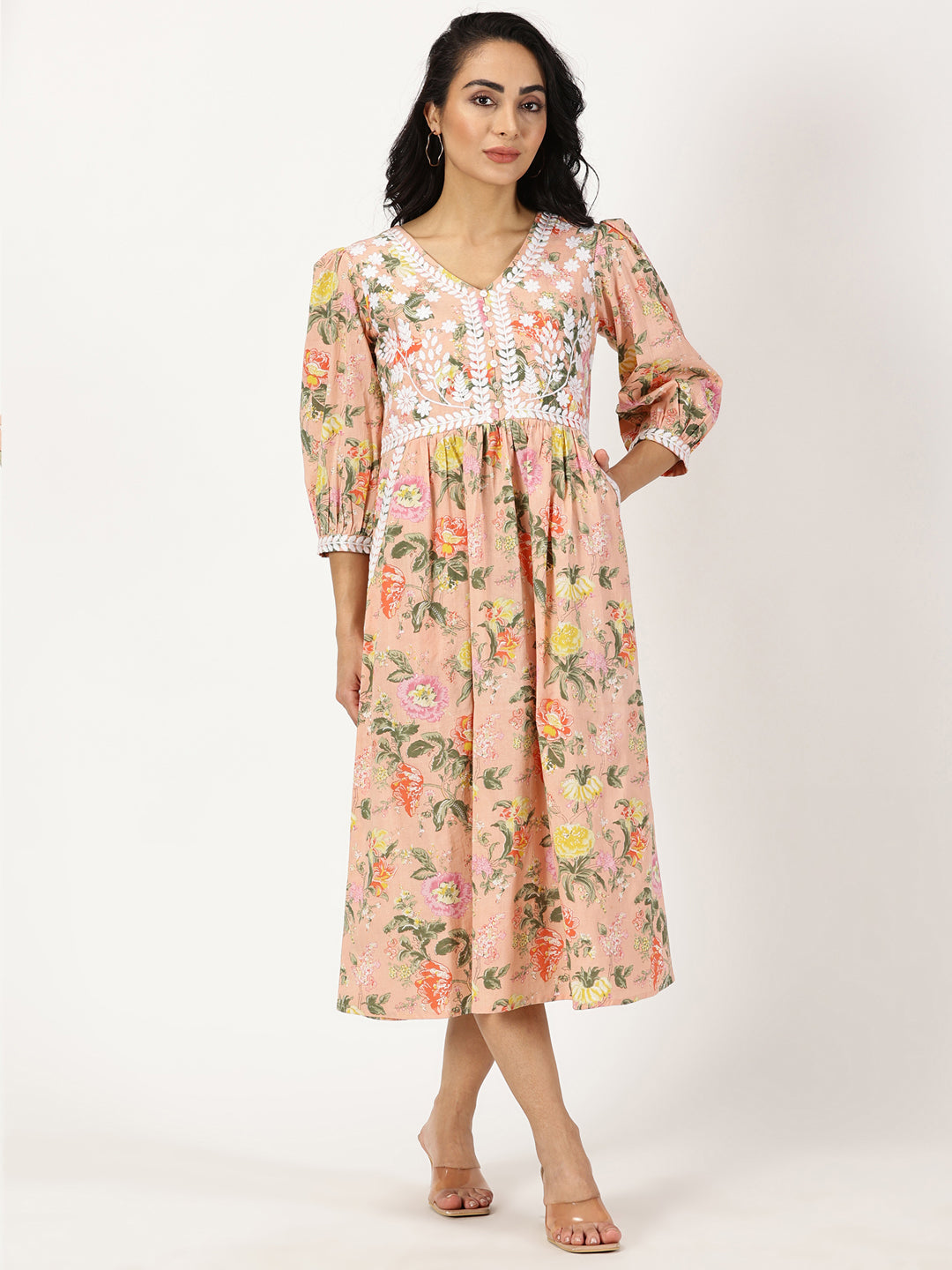 Peach Floral Print Midi Dress with Chikankari Embroidery