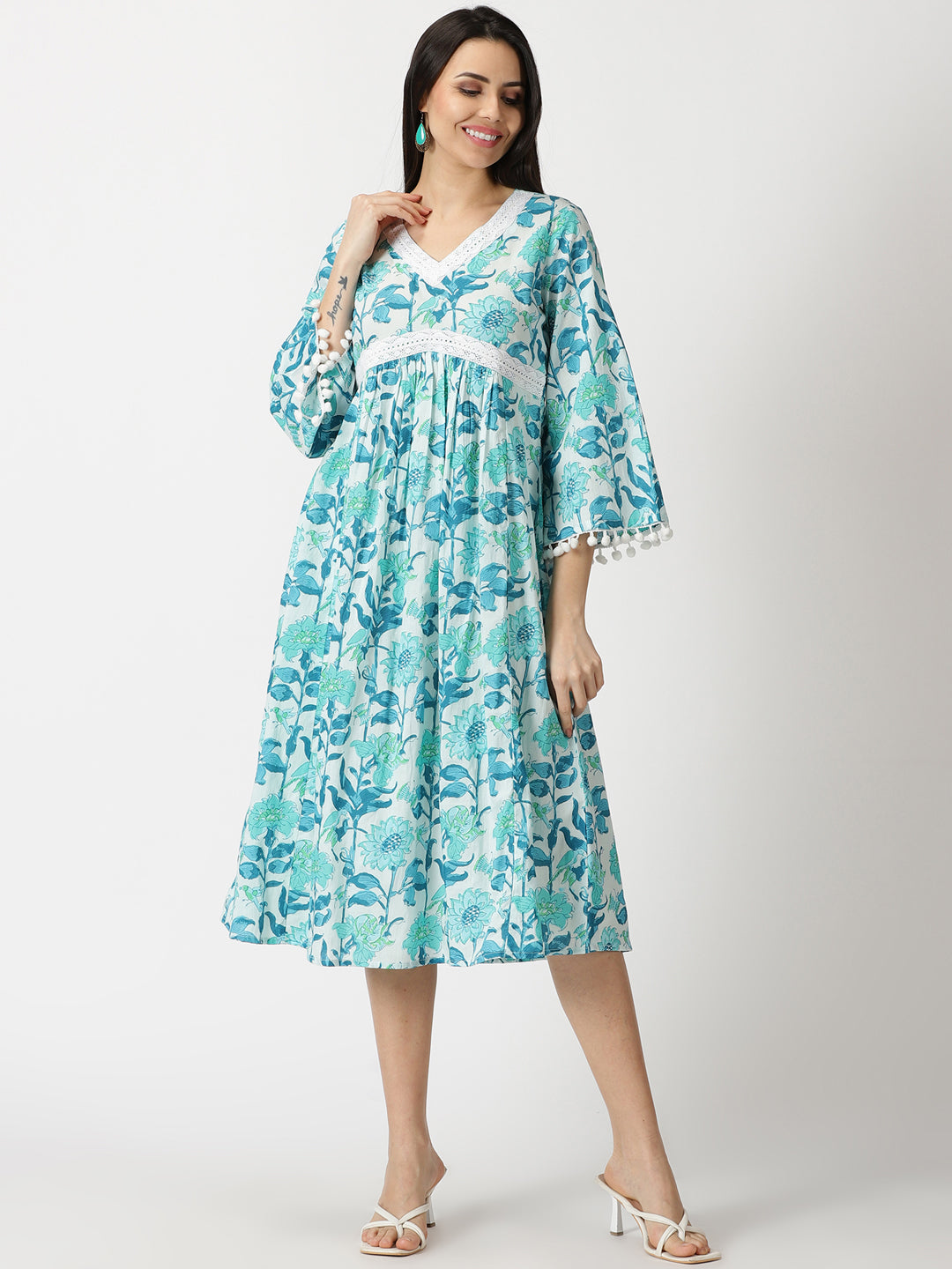 White Tropical Print Cotton Midi Dress with Lace Details