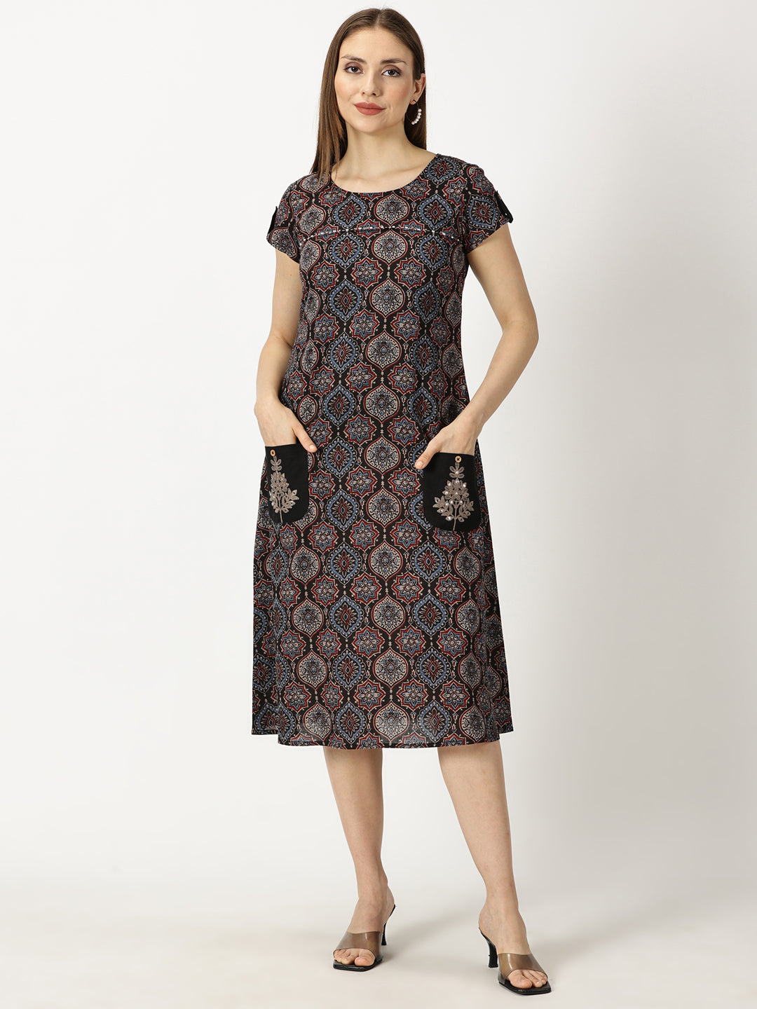 Black Ethnic Motifs Midi Dress with Embroidered Patch Pockets & Shoulder Tabs