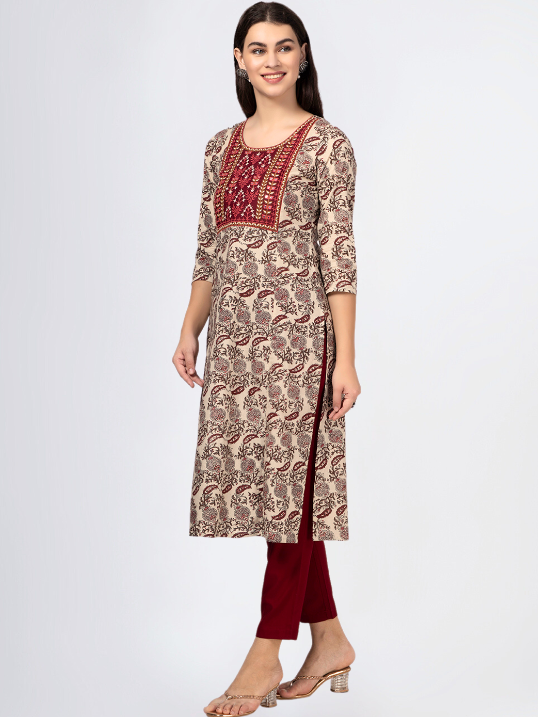 Maroon Paisley Print Kurta with Yoke Embroidery