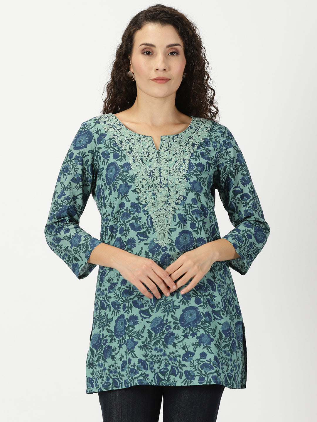 Green Floral Cotton Tunic with Embroidered Yoke