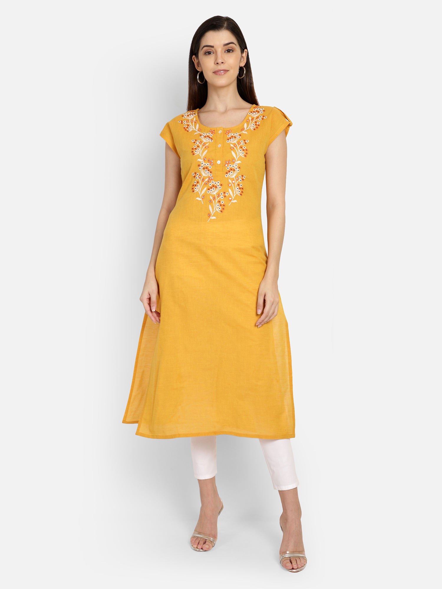 Mustard Cotton Embroidered Neck Kurta