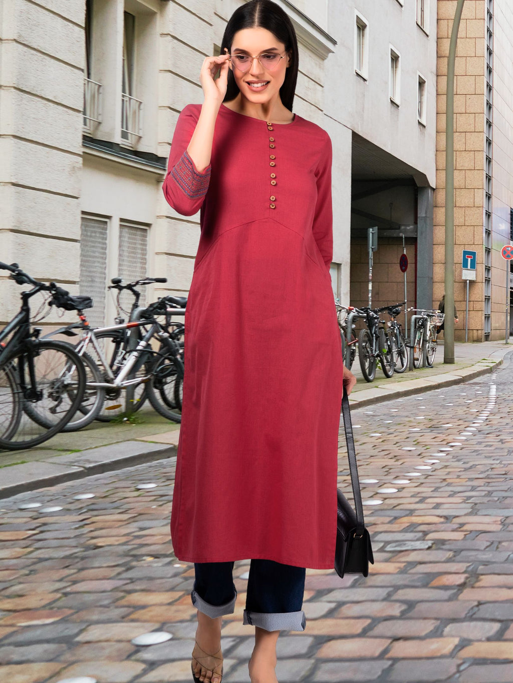 Red Solid Cotton Kurta with Pockets & Sleeve Embroidery