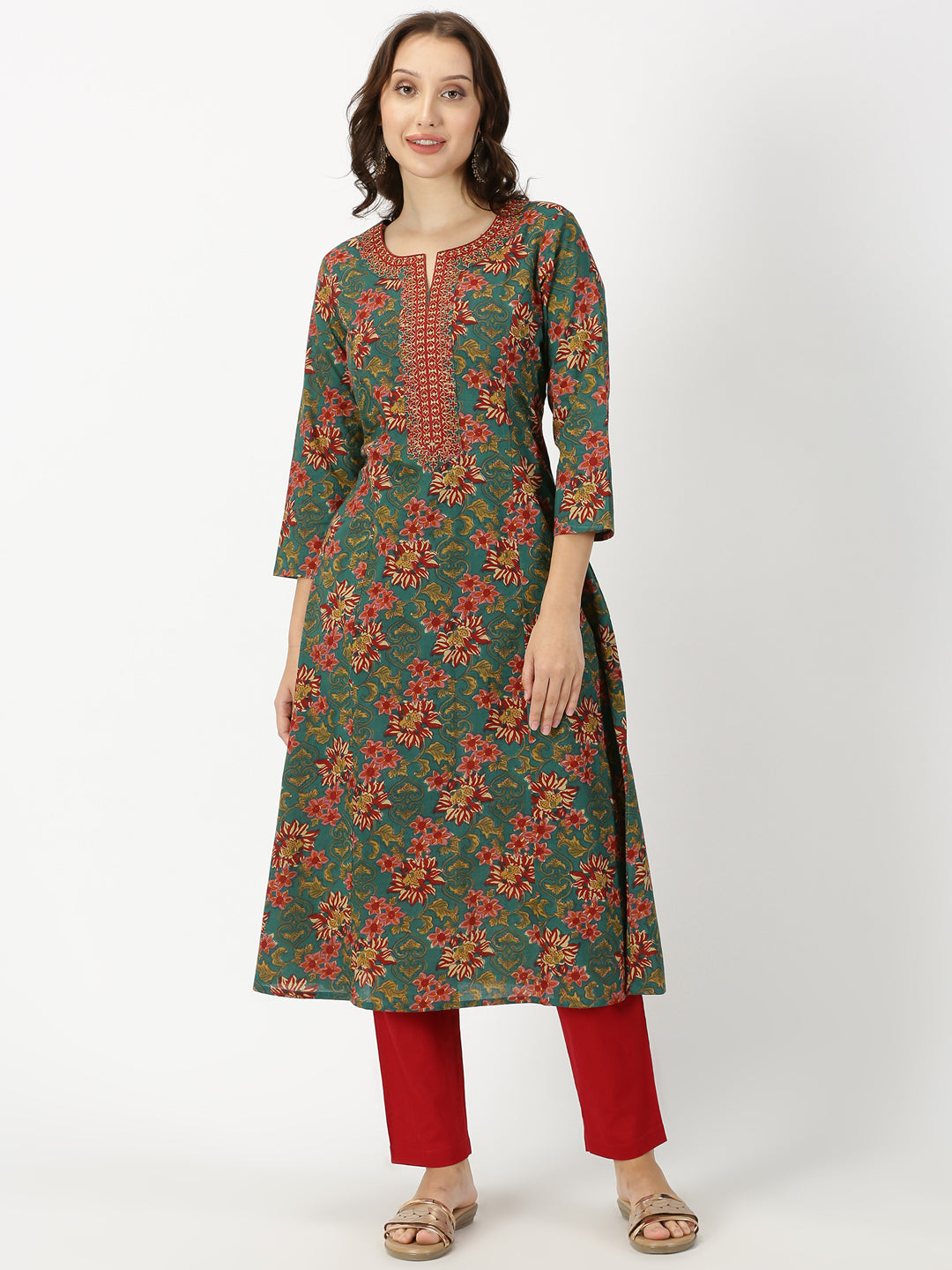 Green Ethnic Floral Print Kurta with Neck Embroidery