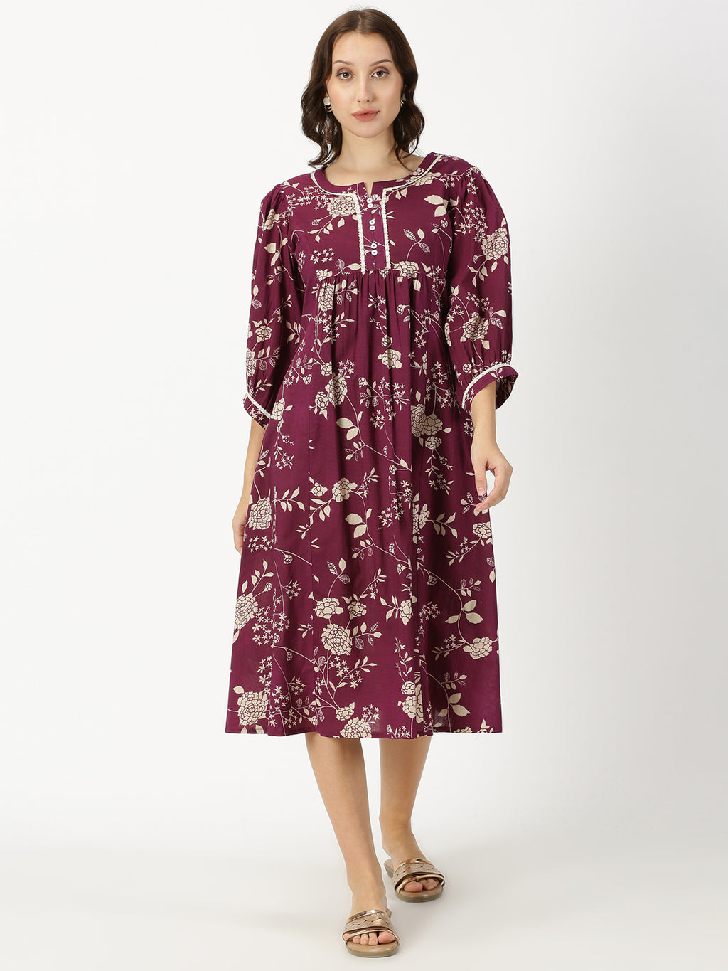 Wine Floral Print Midi Dress