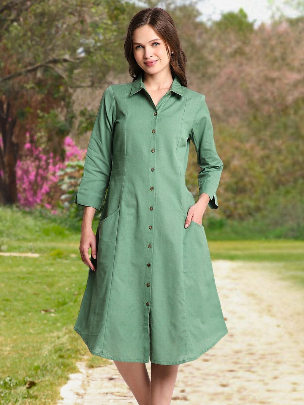 Green Solid Midi Shirt Dress with Pockets