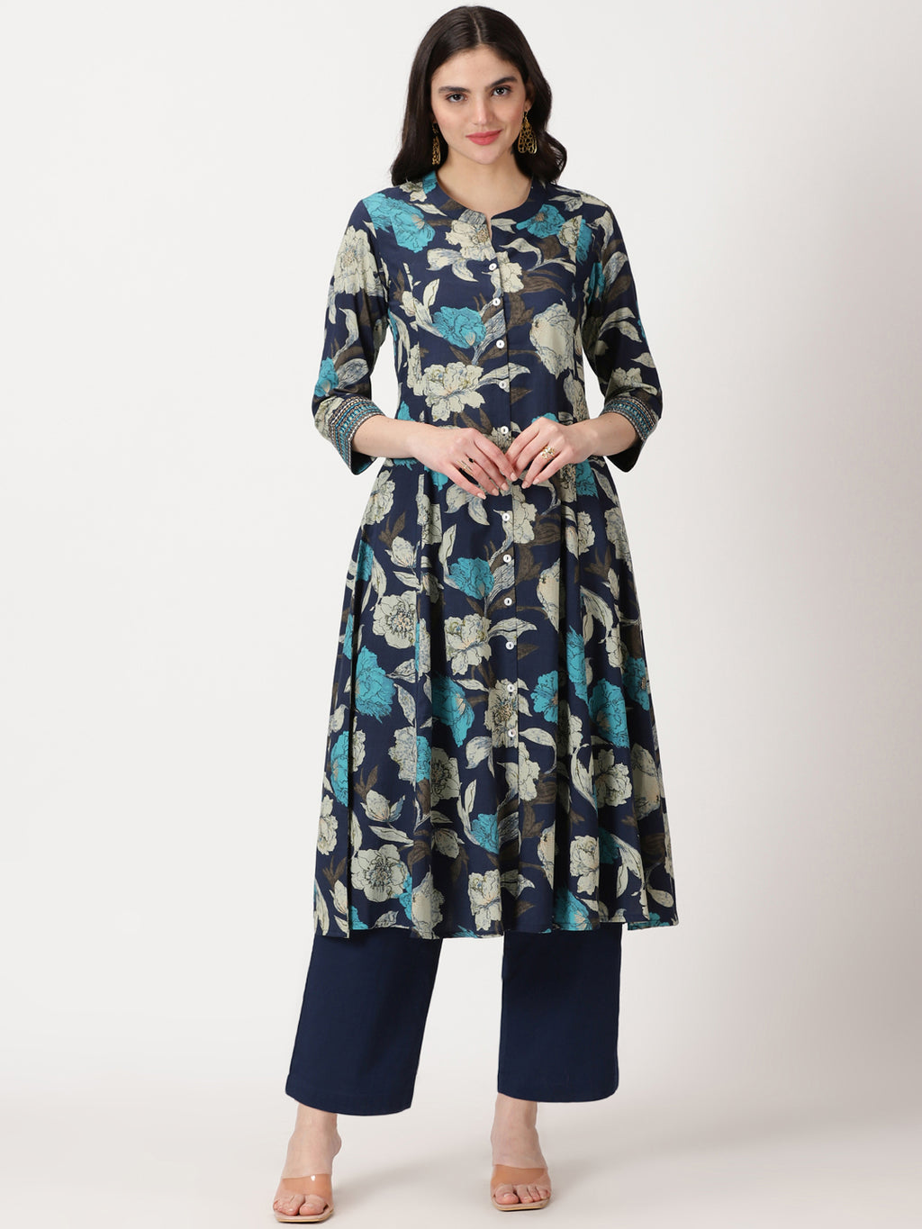 Navy Blue Floral Print Button-Down Kurta