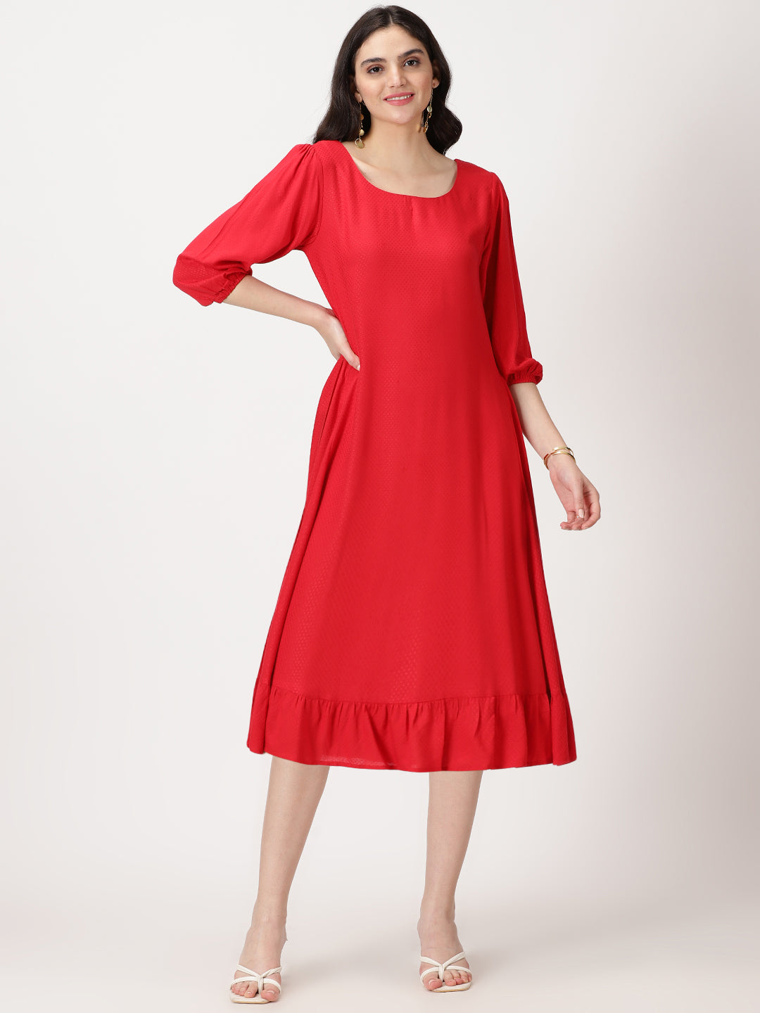 Red Self Design Midi Dress with Flounce Hem