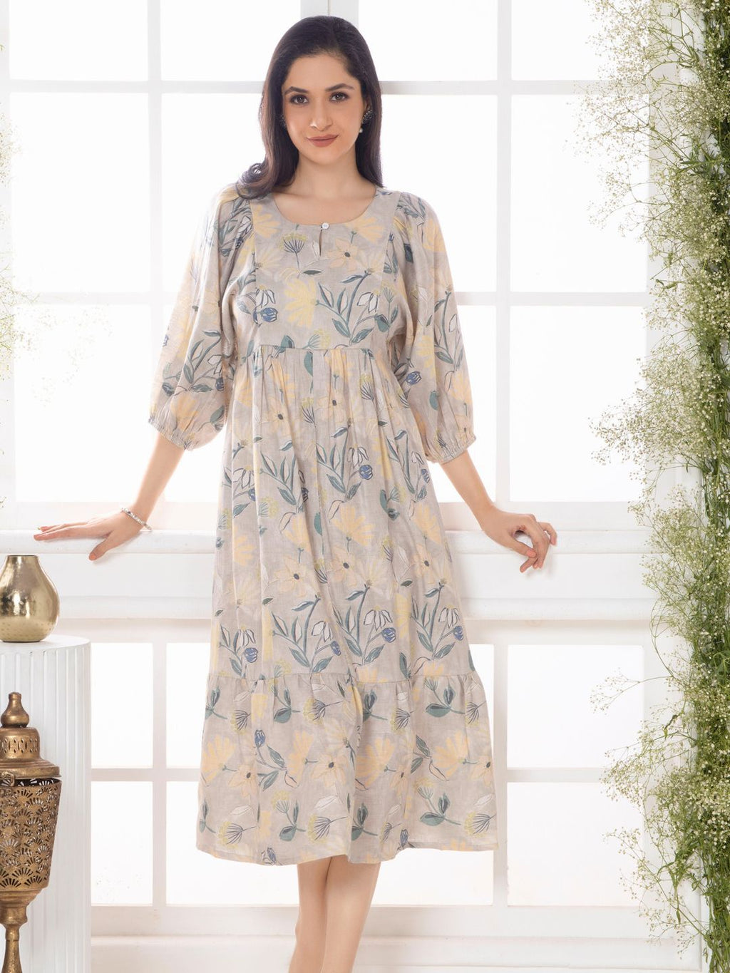 Sand Grey Florette Leaf Midi Dress