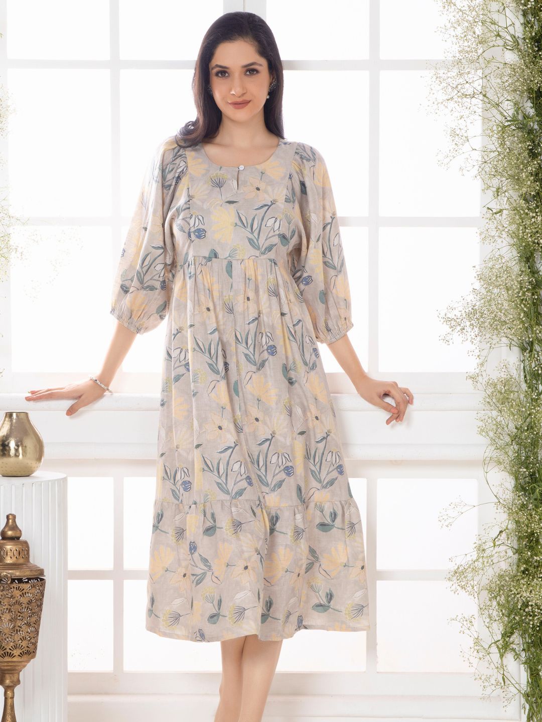 Sand Grey Florette Leaf Midi Dress