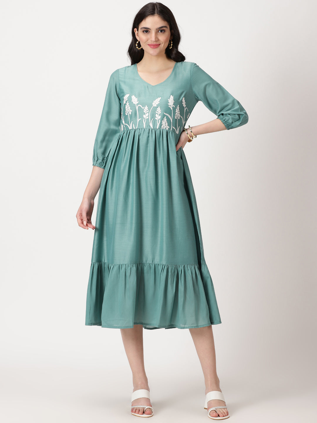 Sea Green Poly Muslin Boho Midi Dress with Yoke Embroidery