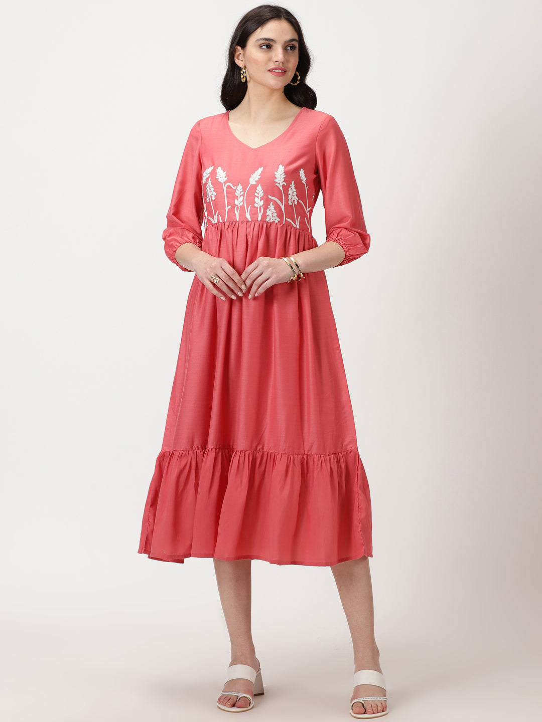 Rose Pink Poly Muslin Boho Midi Dress with Yoke Embroidery