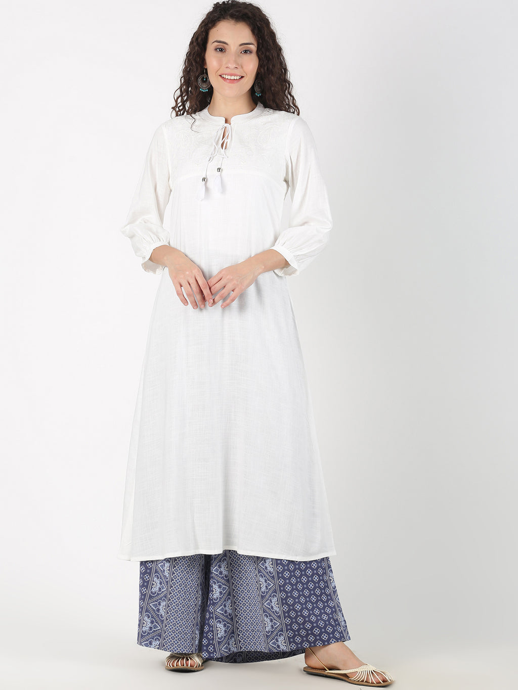 White Solid A-Line Kurta with Neck Tassels