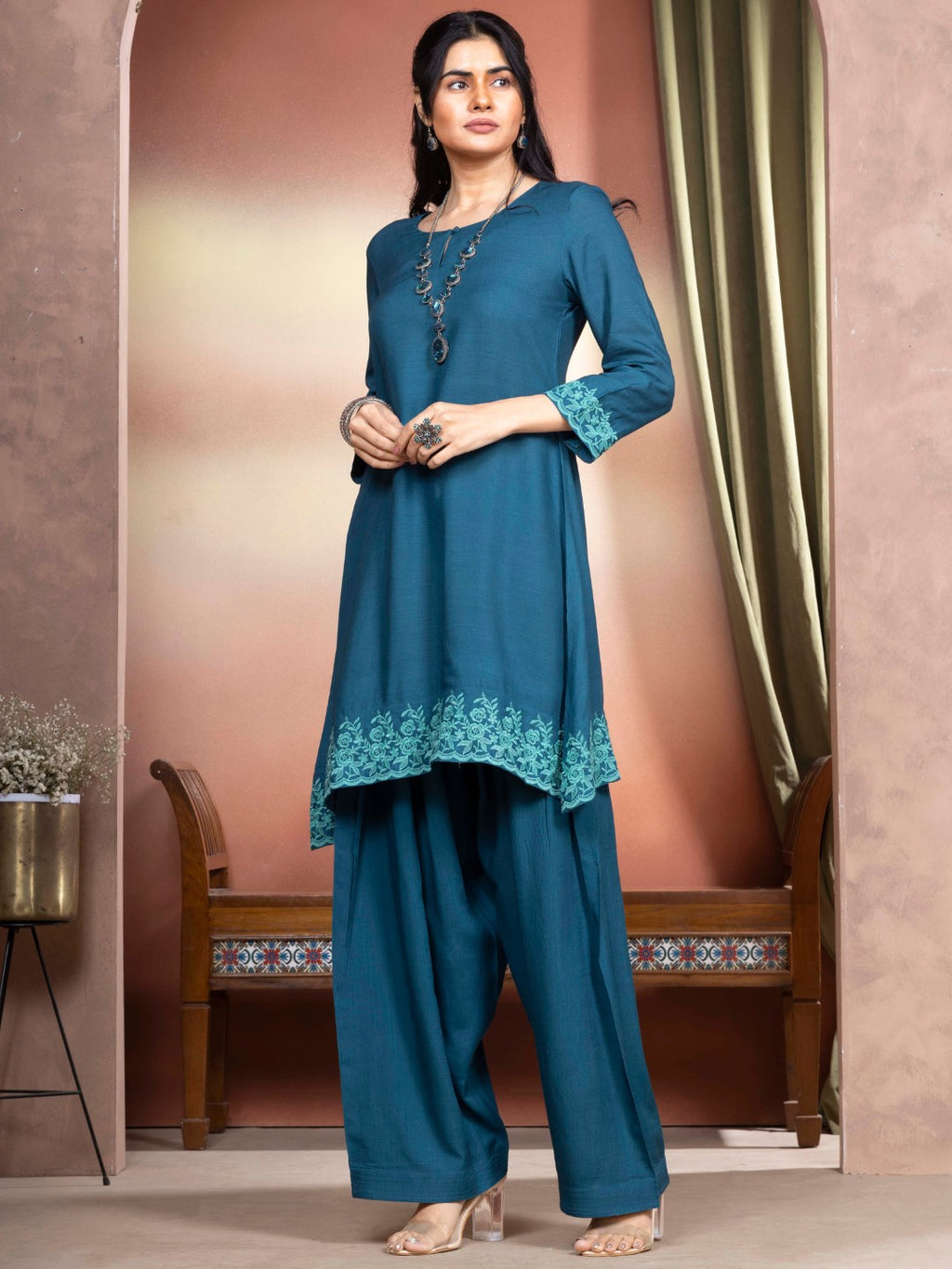 Transformative Teal Embroidered A-Line Kurta with Farshi Salwar