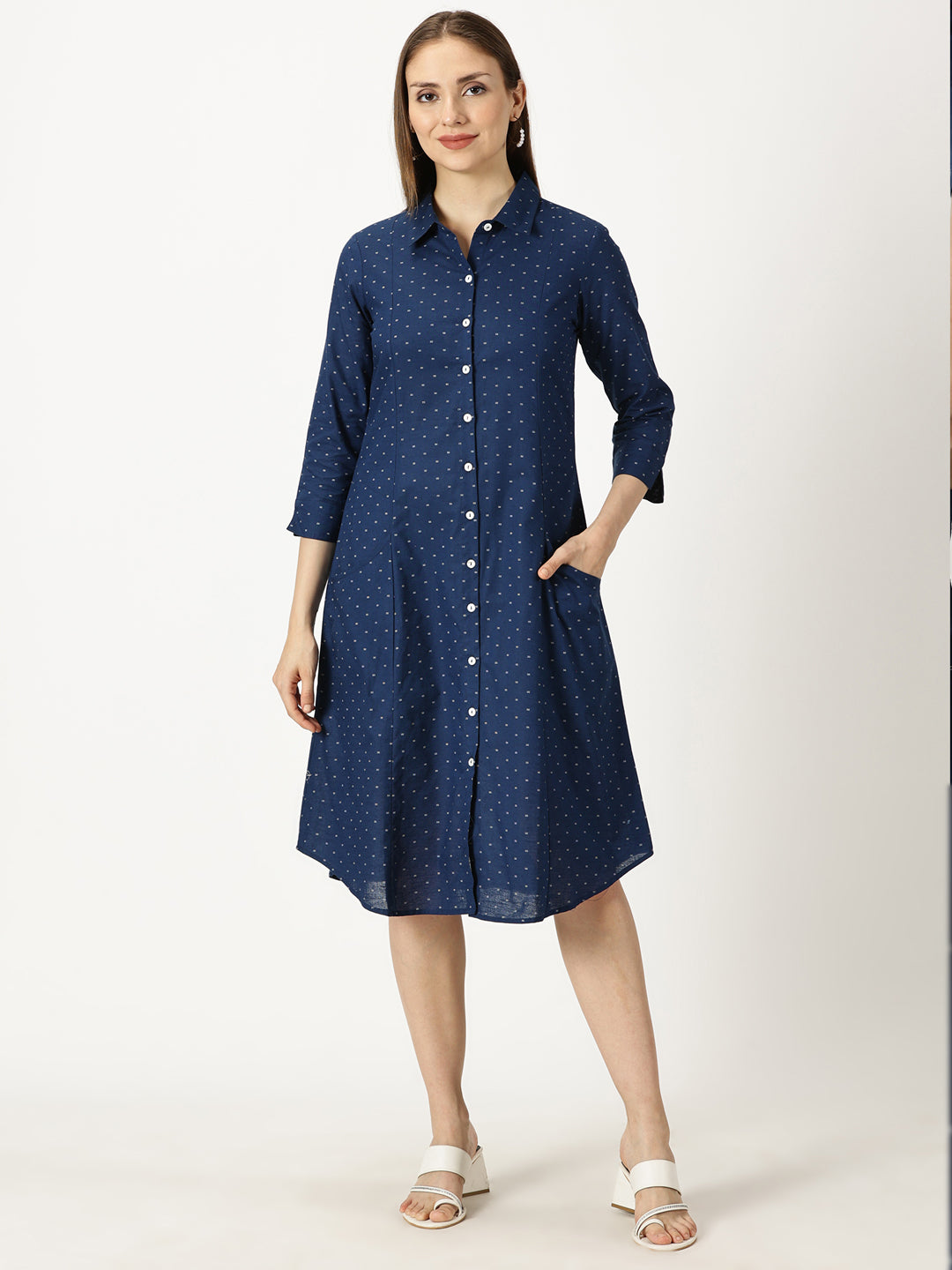 Navy Blue Printed Midi Shirt Dress - Saffron Threads