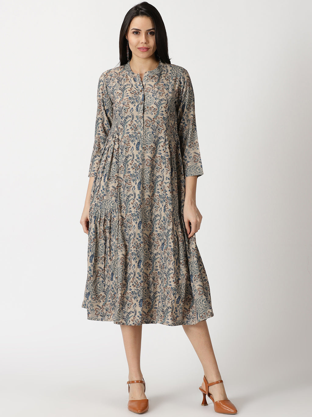 Beige Ethnic Floral Print Rayon Dress with Side Gathers