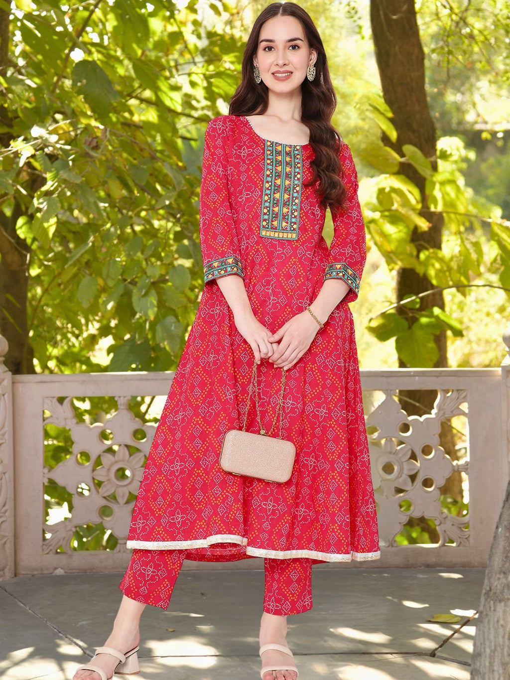 Pink Cotton Printed Kurta with Embroidered Neck and Lace Inserts