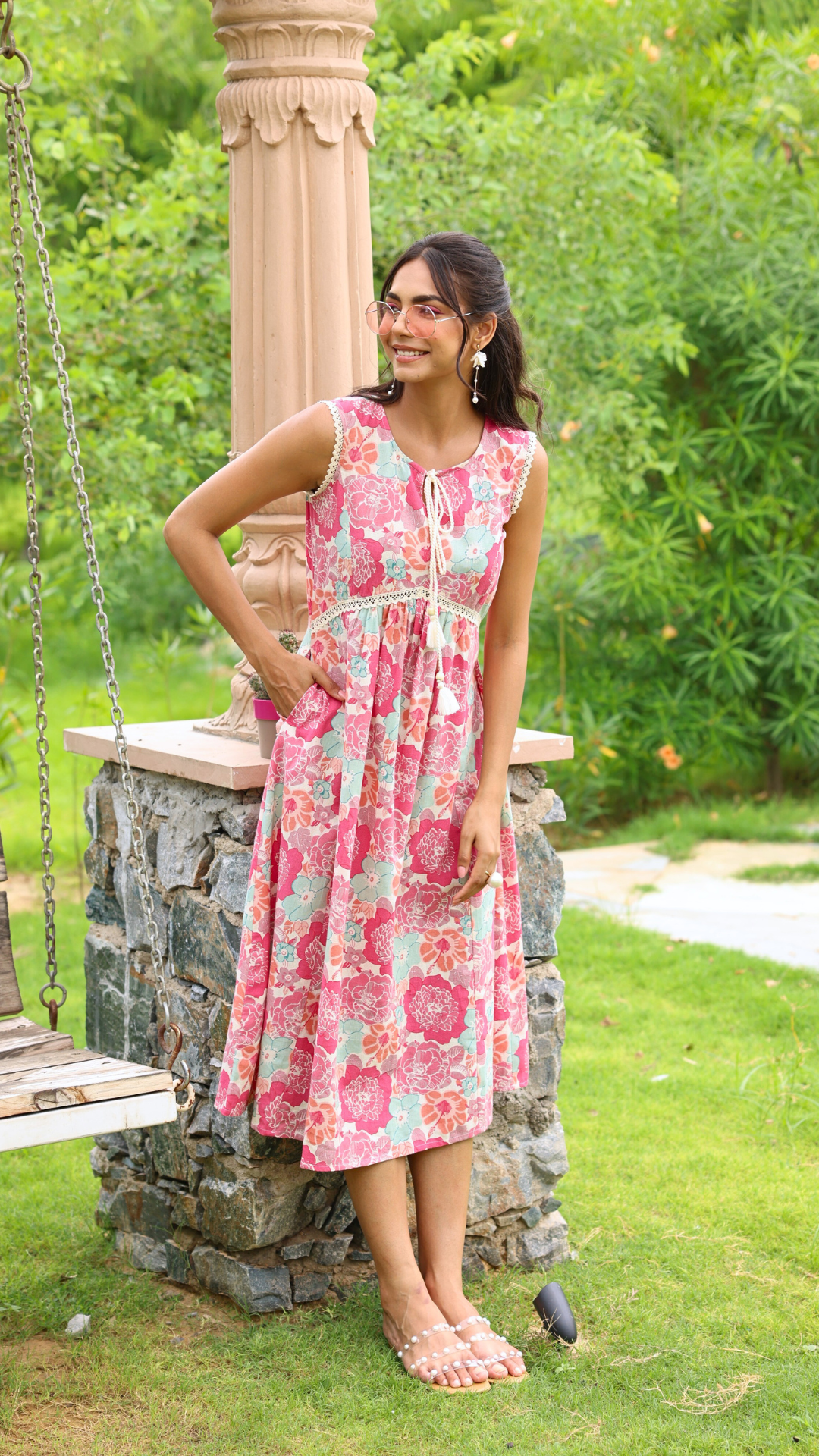 Pink Floral Printed Dress with Braided Neck Tie-up and Lace inserts