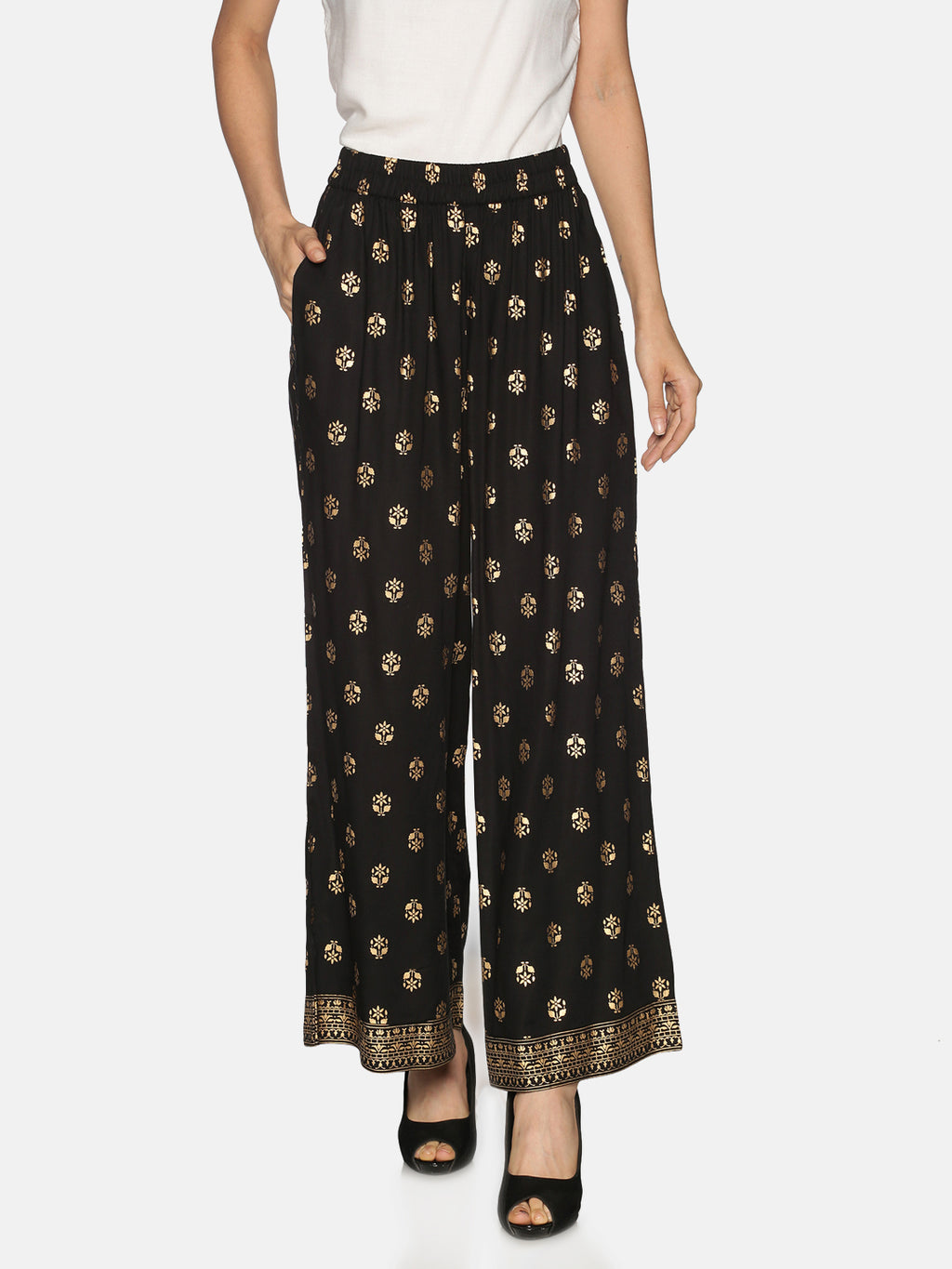 Black & Gold-Toned Printed Flared Palazzo