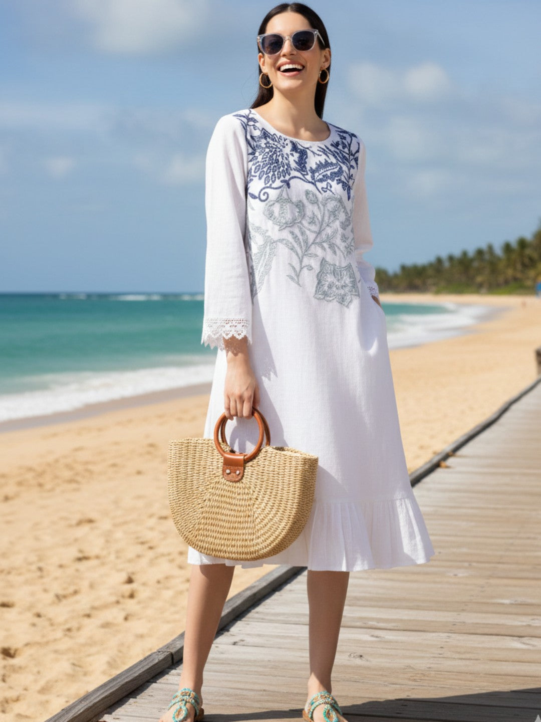 White Cotton Slub Embroidered Dress with Lace on Sleeves
