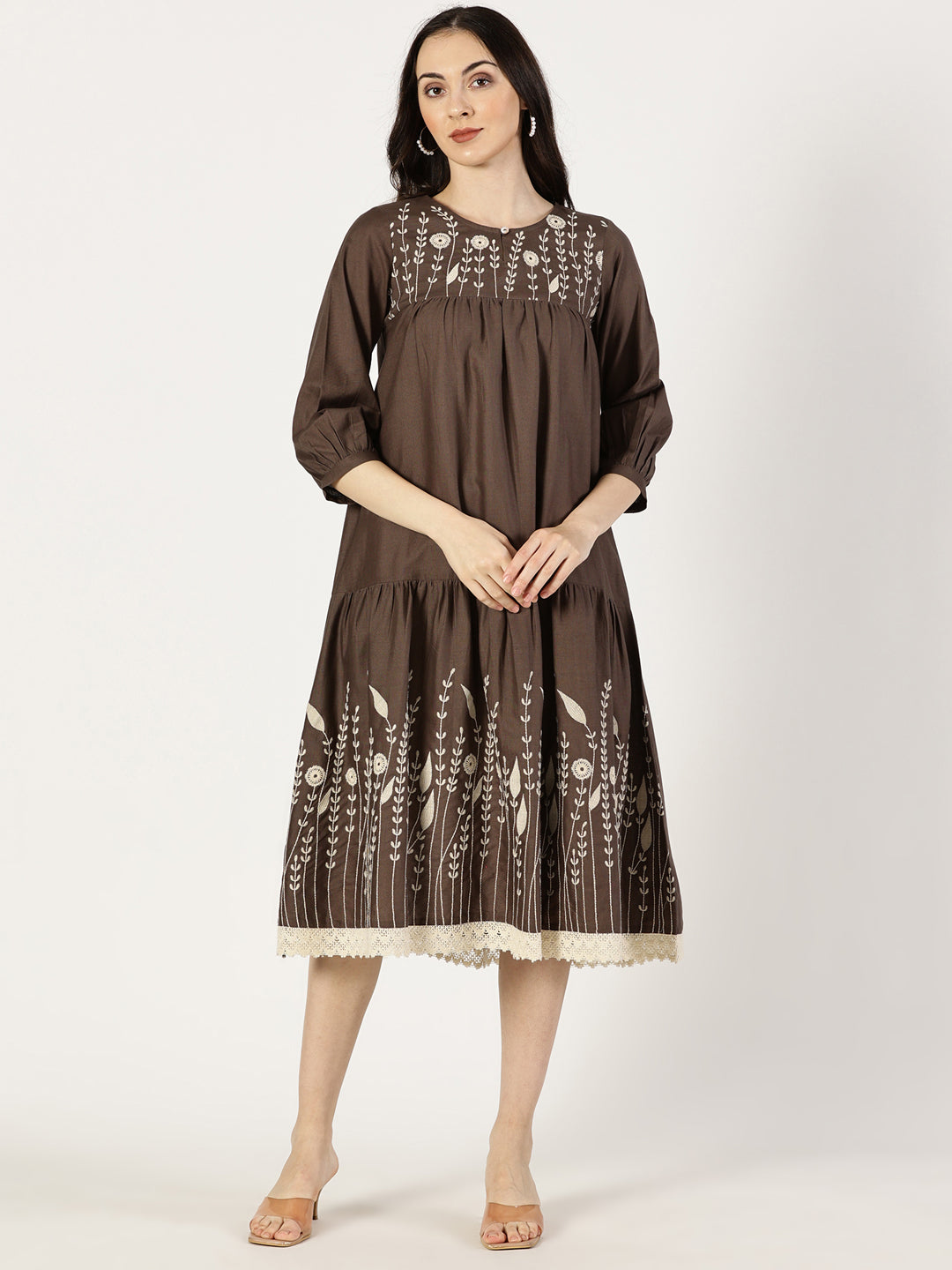 Ameri ふさわしい DAMASK EMBROIDERY LINEN DRESS