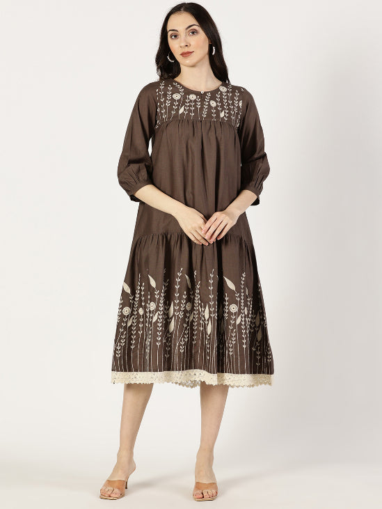 Brown Cotton Linen Embroidered Dress with Lace Saffron Threads Brown Cotton Linen Embroidered Dress with Lace Saffron Threads