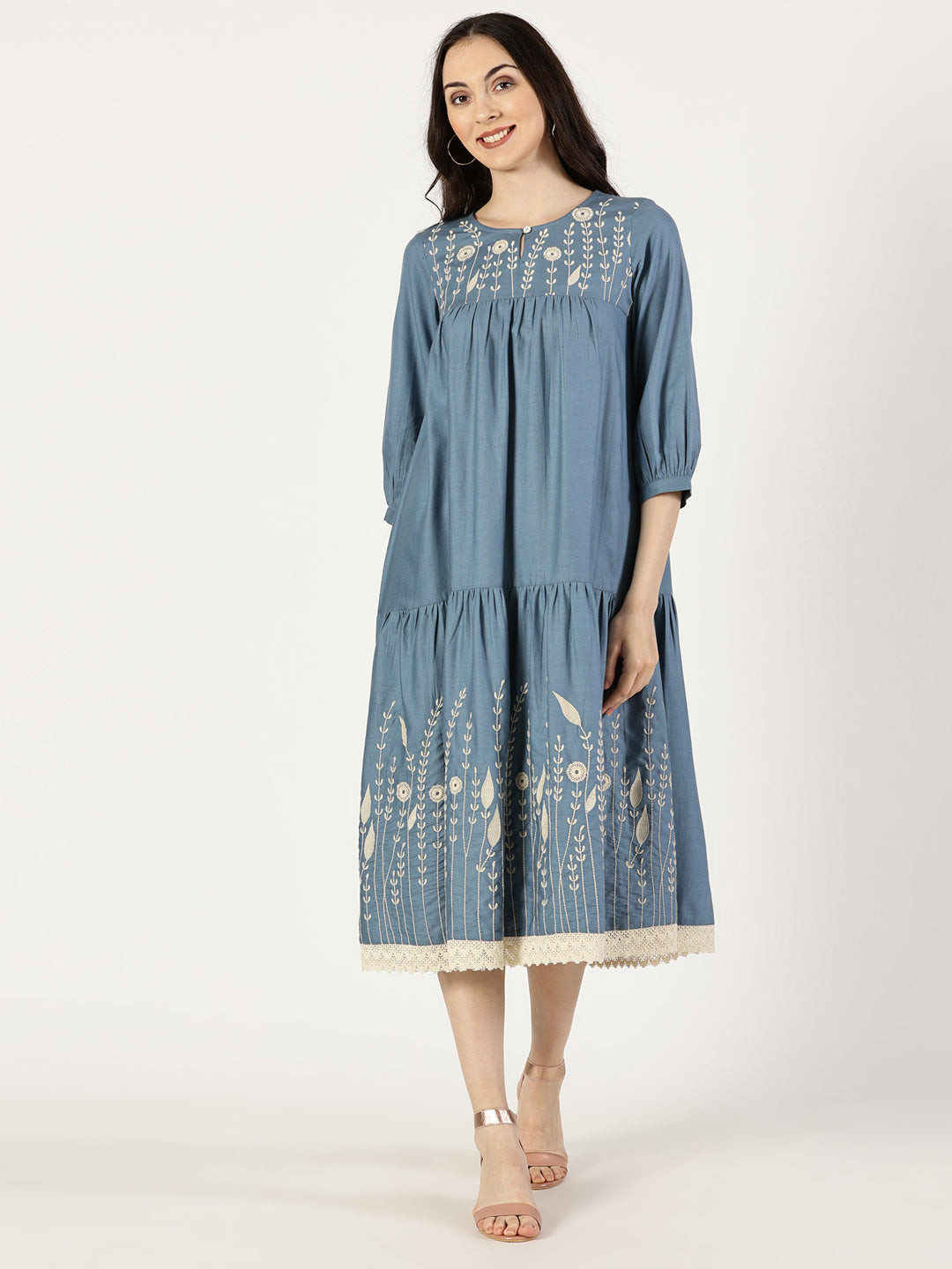 Blue Cotton Linen Embroidered Dress with Lace