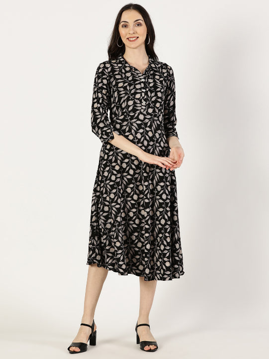 Black Tropical Print Shirt Collar Dress with Elastic Waist Belt