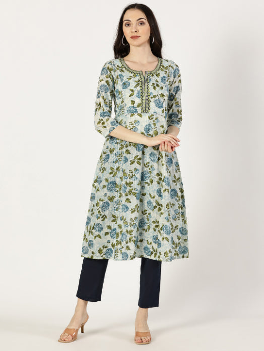 Blue Floral Print Kurta with Yoke Embroidery
