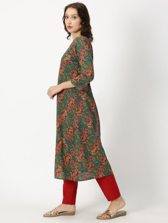 Green Ethnic Floral Print Kurta with Neck Embroidery