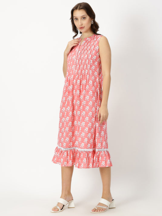 Coral Floral Print Midi Dress with Pintuck Detail