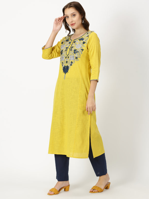 Yellow Slub Kurta with Kashida Embroidery