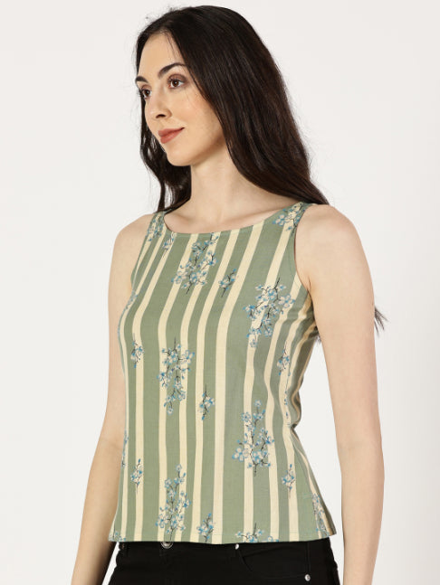 Green Striped Top with Floral Print