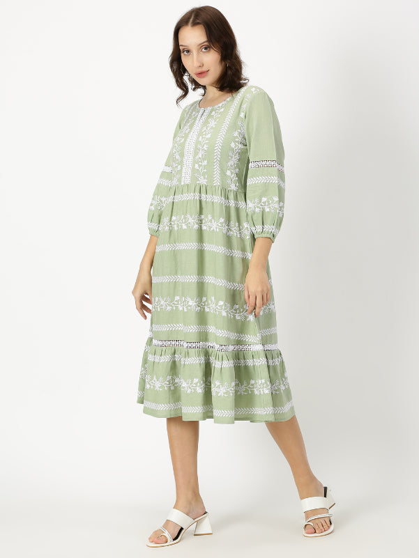 Pastel Green Boho Embroidered Midi Dress
