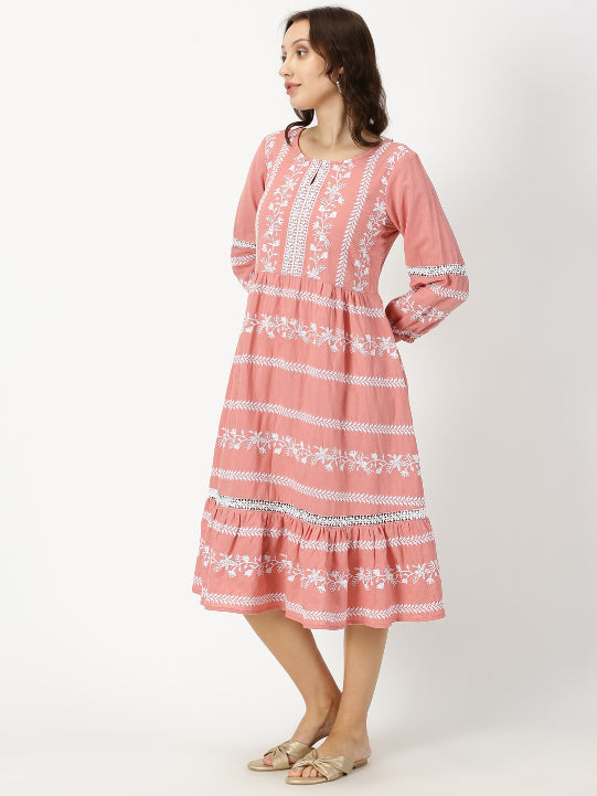 Peach Boho Embroidered Midi Dress