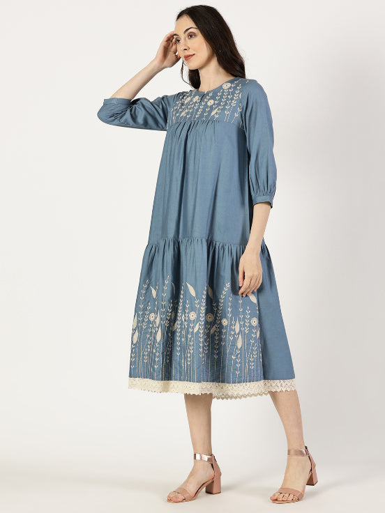 Blue Cotton Linen Embroidered Dress with Lace Saffron Threads Blue Cotton Linen Embroidered Dress with Lace Saffron Threads
