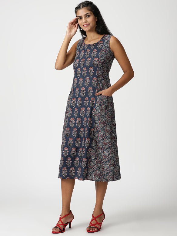 Navy Blue Ethnic Motifs Printed Panelled Midi Dress