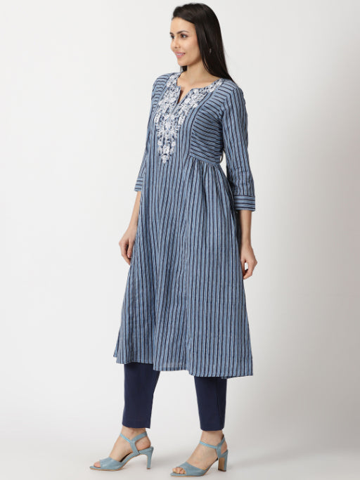 Blue Striped A-line Cotton Kurta with Yoke Embroidery