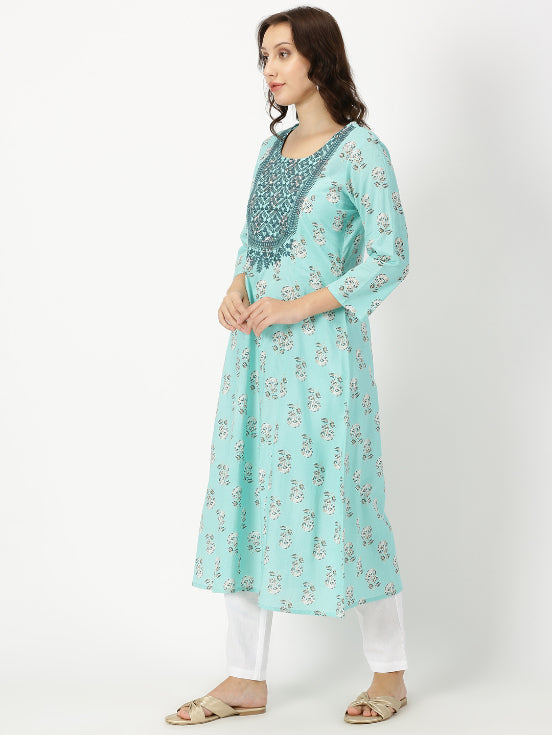 Turquoise Blue Floral Print Kurta with Yoke Embroidery