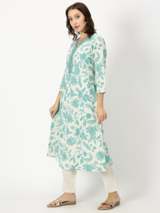 Sea Green Floral Print Kurta with Neck Embroidery