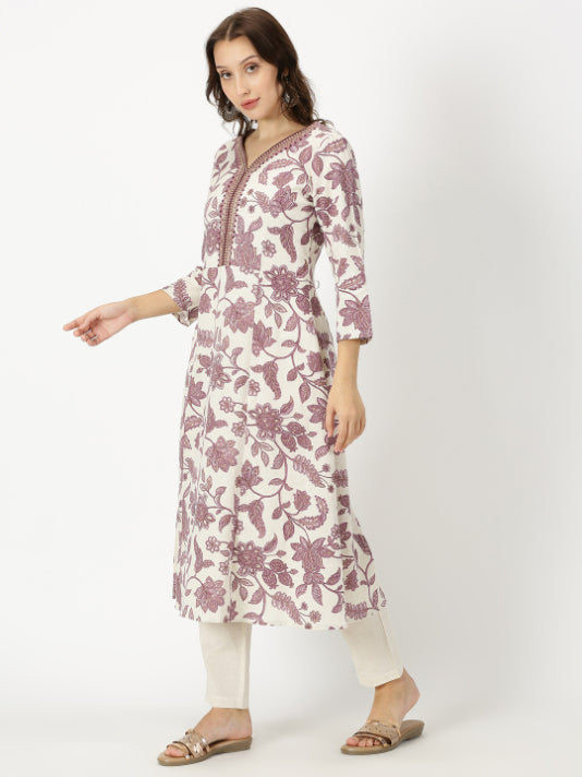 Purple Floral Print Kurta with Neck Embroidery