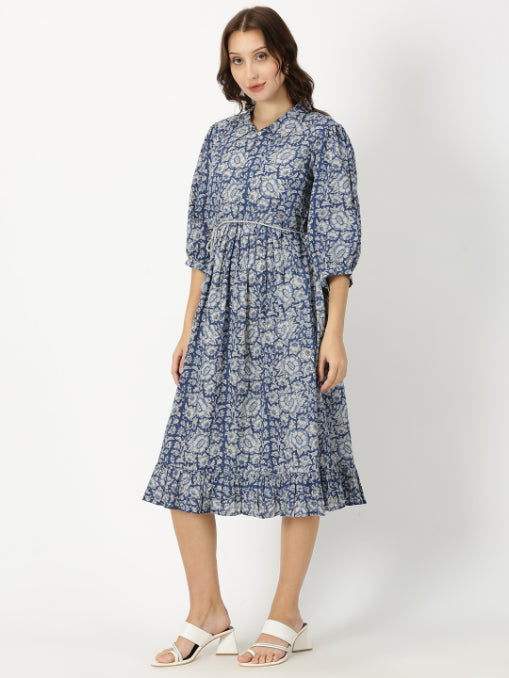 Blue Floral Print Boho Midi Dress with Belt