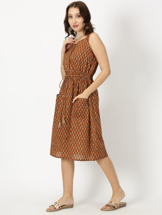 Brown Lotus Print Midi Dress with Waist Tie-up